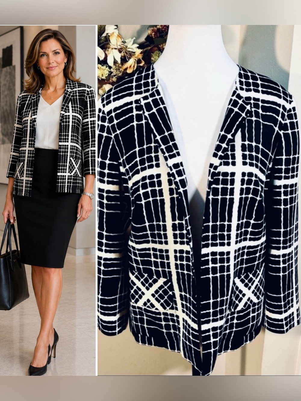 Pendleton Black White Abstract Grid Print Silk Open Front Jacket Pockets~10 💛
